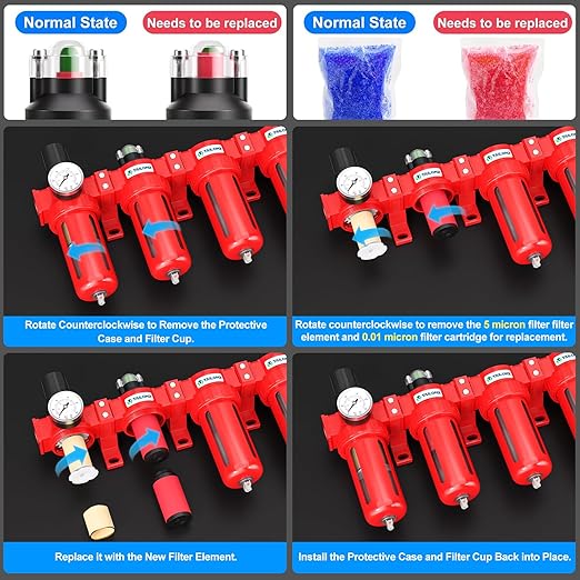 TAILONZ PNEUMATIC 0-150PSI 1/4 Inch NPT Red Industrial Grade 5 Stage Air Drying System, Particulate Filter, Coalescing Filter, Three Desiccant Dryer and Air Regulator (Manual Drainage)