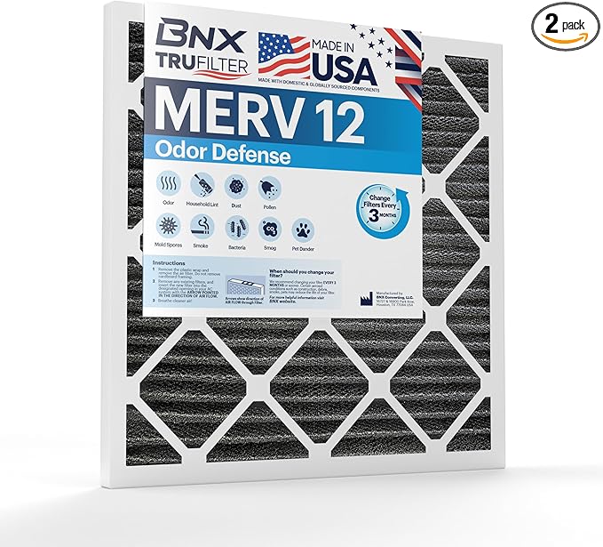BNX TruFilter 20x25x4 (19.5’’ x 24.5’’ x 3.63‘’ Slim Fit) MERV 12 Activated Carbon Air Filter (2-Pack) - MADE IN USA - Air Conditioner Furnace Filters for Odor, Mold, Bacteria, Smoke