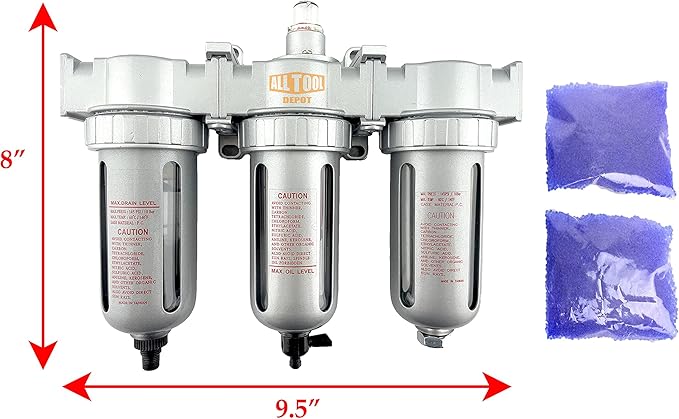 1/2" NPT MID FLOW 3 Stages Filter Coalescing Desiccant Dryer System For Compressed Air Lines, Poly Bowls, Great For Paint Spray And Plasma Cutter (AUTO DRAIN)