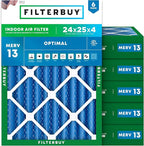 Filterbuy 24x25x4 Air Filter MERV 13 Optimal Smoke & Allergy Defense (6-Pack), Electrostatic Pleated HVAC AC Furnace Filters Replacement, Made in USA (Actual Size: 23.75 x 24.75 x 3.63)
