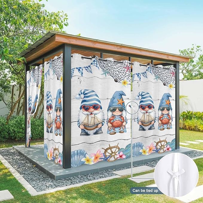 Ocean Gnome Outdoor Curtains for Patio Summer Marine Plumeria Shell Wooden Waterproof Outside Curtains with Grommet Top Weatherproof Curtain for Cabana Pergola Gazebo, 2 Pack, 54" W x 108" L