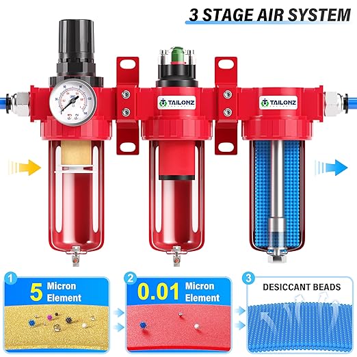 TAILONZ PNEUMATIC 0-150PSI 1/2 Inch NPT Aluminum Alloy Industrial Grade Three Stage Air Drying System, Particulate Filter, Coalescing Filter, Desiccant Dryer and Air Regulator (Manual Drainage)