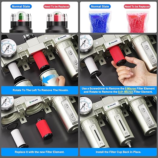 TAILONZ PNEUMATIC 0-240PSI 3/4 Inch NPT Industrial Grade 4 Stage Air Drying System, Double Particulate Filter, Coalescing Filter, Desiccant Dryer and Air Regulator (Manual Drainage）