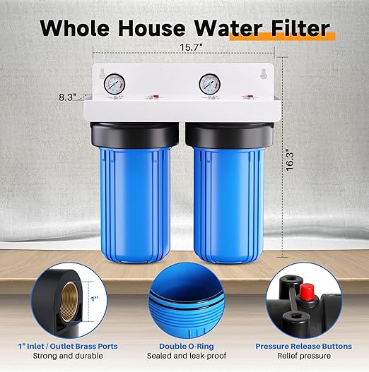 PUREPLUS 2-Stage Whole House Water Filtration System, Reduces Chlorine, Odor, Heavy Metals & Rust, 10"x4.5" Housing, 1" Inlet/Outlet, PP Grooved Sediment & KDF Carbon Filters, Pressure Gauges Included
