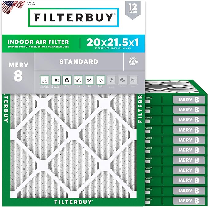 Filterbuy 20x21.5x1 Air Filter MERV 8 Essential Dust & Allergy Defense (12-Pack), Electrostatic Pleated HVAC AC Furnace Filters Replacement, Made in USA (Actual Size: 19.88 x 21.50 x 0.75)