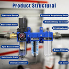 NEWPO 1/2'' NPT Compressed Air Filter Regulator Lubricator Combo with Pressure Gauge,Brass Filter and Desiccant Dryers,Semi-Auto Drain, Metal Bracket-Blue