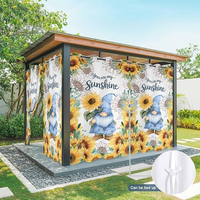 Summer Outdoor Curtains for Patio Sunflowers Gnome Eucalyptus Leaves Waterproof Outside Curtains with Grommet Top Weatherproof Curtain for Cabana Pergola Gazebo, 1 Panel, 54" W x 108" L