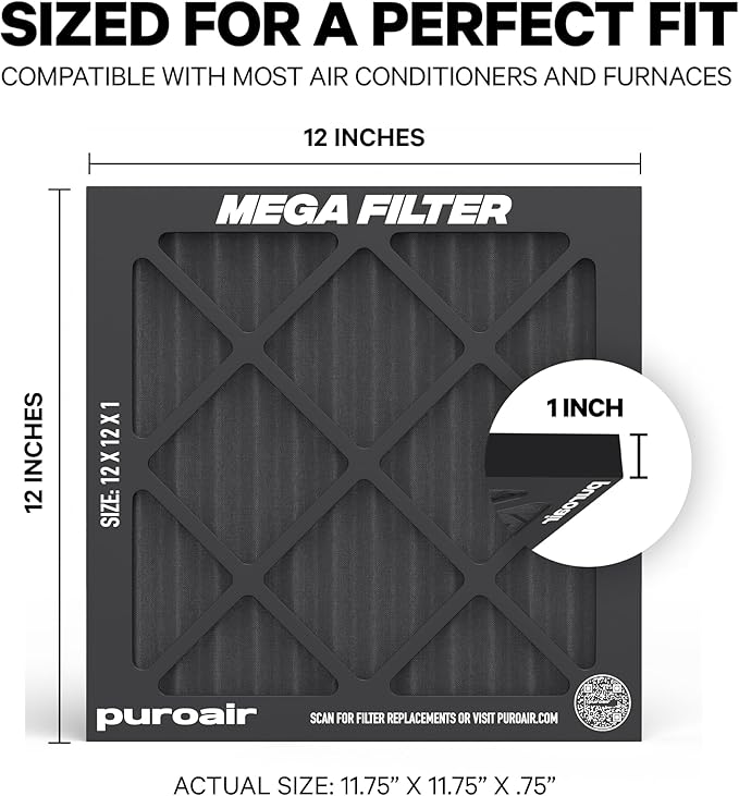 PuroAir MegaFilter - 12x12x1 Air Filter MERV 13 Activated CarbonTech Defense - Heavy Duty 3 Layer Furnace Filters Allergens, Pollen, Dust, Pet Dander, Smoke, Odors - HVAC Air Filter 12x12x1 (1-Pack)