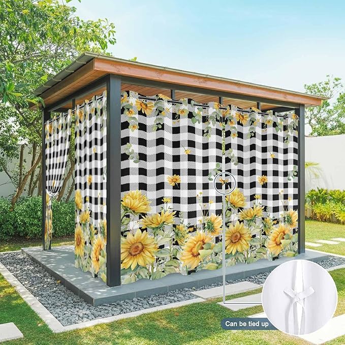 Sunflowers Outdoor Curtains for Patio Summer Floral Eucalyptus Leaf Buffalo Check Waterproof Outside Curtains with Grommet Top Weatherproof Curtain for Cabana Pergola Gazebo, 2 Pack, 54" W x 84" L