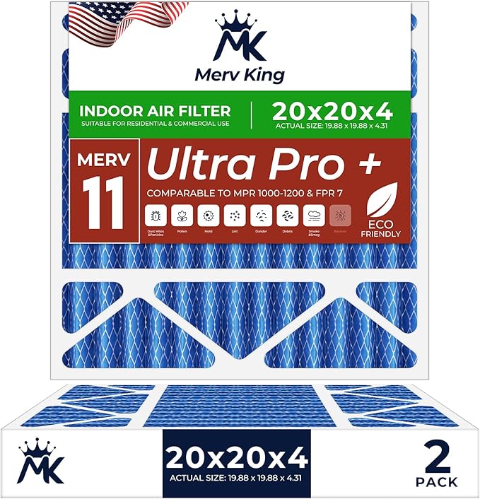 MervKing 20x20x4 Air Filter Actual Size: 19.88" x 19.88" x 4.31" MERV 11 MPR 1000-1200 | MADE IN USA | 2-Pack | Pleated HVAC AC Furnace Replacement
