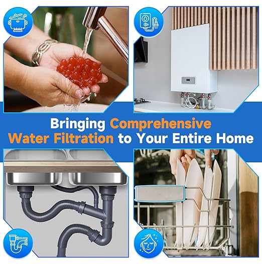PUREPLUS 2-Stage Whole House Water Filtration System, Reduces Chlorine, Odor, Heavy Metals & Rust, 10"x4.5" Housing, 1" Inlet/Outlet, PP Grooved Sediment & KDF Carbon Filters, Pressure Gauges Included