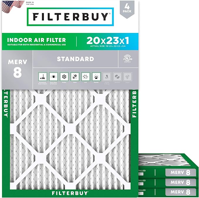 Filterbuy 20x23x1 Air Filter MERV 8 Essential Dust & Allergy Defense (4-Pack), Electrostatic Pleated HVAC AC Furnace Filters Replacement, Made in USA (Actual Size: 19.50 x 22.50 x 0.75)