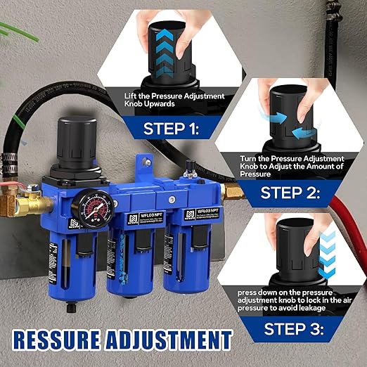 NEWPO 3/8" NPT Air Compressor Water Separator-Air Filter Regulator Lubricator Combo, Water/Oil Trap Separator,Brass Filter & Desiccant Dryers,Semi-Auto Drain,Metal Bracket-Blue