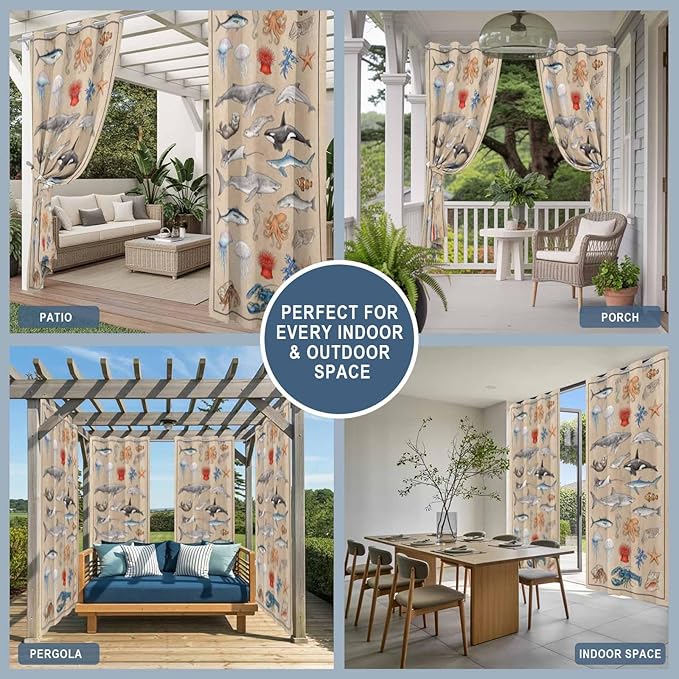 Vintage Outdoor Curtains for Patio Sharks Whales Lobsters Biographies Waterproof Outside Curtains with Grommet Top Weatherproof Curtain for Cabana Pergola Gazebo, 2 Pack, 54" W x 84" L
