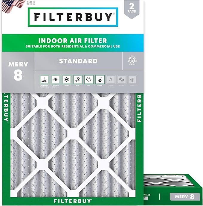 Filterbuy 24x30x2 Air Filter MERV 8 Essential Dust & Allergy Defense (2-Pack), Electrostatic Pleated HVAC AC Furnace Filters Replacement, Made in USA (Actual Size: 23.50 x 29.50 x 1.75)