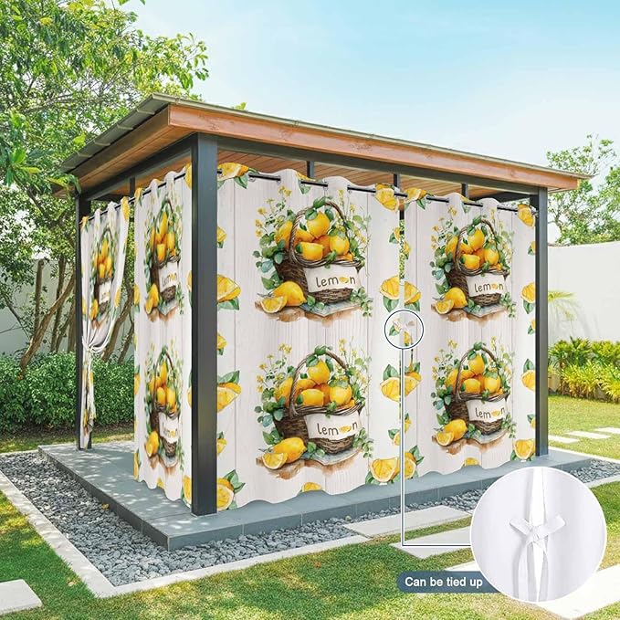 Lemon Outdoor Curtains for Patio Lemons Baskets Summer Tropical Plant Wood Waterproof Outside Curtains with Grommet Top Weatherproof Curtain for Cabana Pergola Gazebo, 1 Panel, 54" W x 84" L