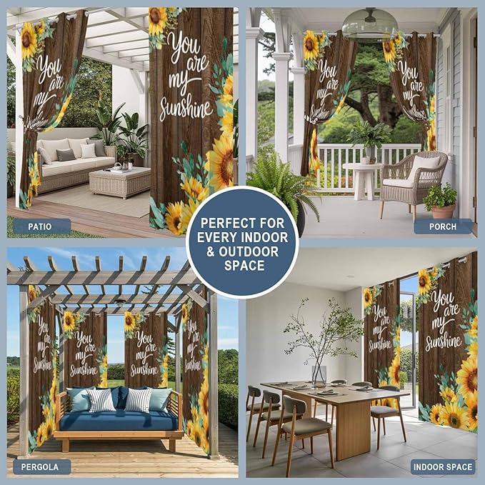 Summer Outdoor Curtains for Patio Sunflowers Eucalyptus Leaves Wood Waterproof Outside Curtains with Grommet Top Weatherproof Curtain for Cabana Pergola Gazebo, 1 Panel, 54" W x 108" L