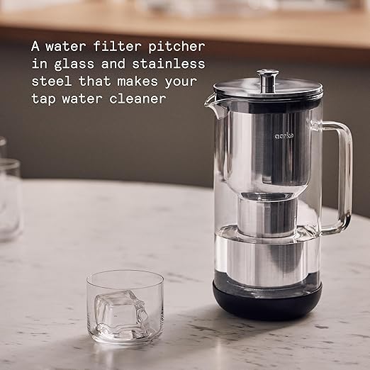 Aarke Purifier Regular 1.18L Glass Pitcher Bundle w/Steel Filter, BPA-Free, 4 Pure Refill Granules - Filters Heavy Metals