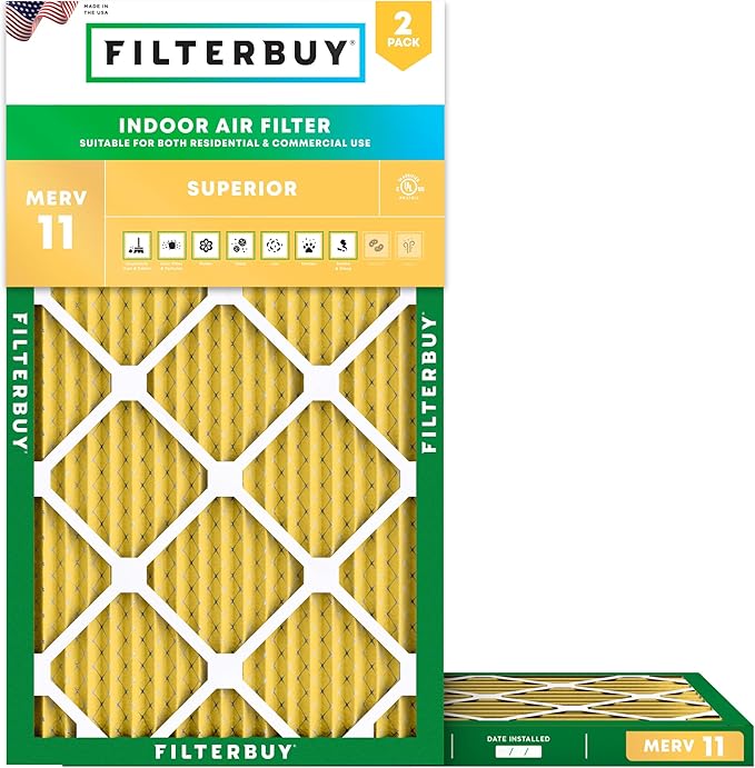 Filterbuy 15x30x1 Air Filter MERV 11 Superior Pet & Allergy Defense (2-Pack), Electrostatic Pleated HVAC AC Furnace Filters Replacement, Made in USA (Actual Size: 14.50 x 29.50 x 0.75)