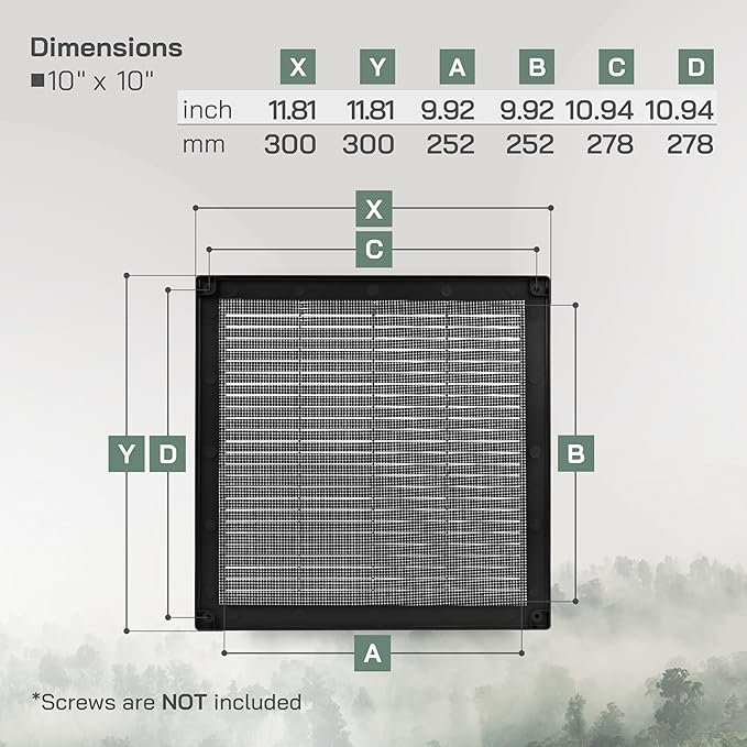 Vent Systems 10" x 10" Inch (Opening Dimensions) Plastic Black Soffit Vent Cover - Flat Square Air Vent Grille - Air Vent Deflector - HVAC 12" x 12" Inch (Overall Dimensions)