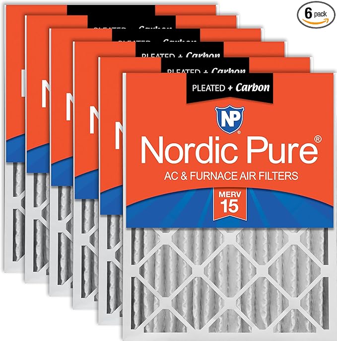 Nordic Pure 16x25x4 (Actual Size: 15 1/2 x 24 1/2 x 3 5/8) Pleated Air Filters MERV 15 Plus Carbon 6 Pack