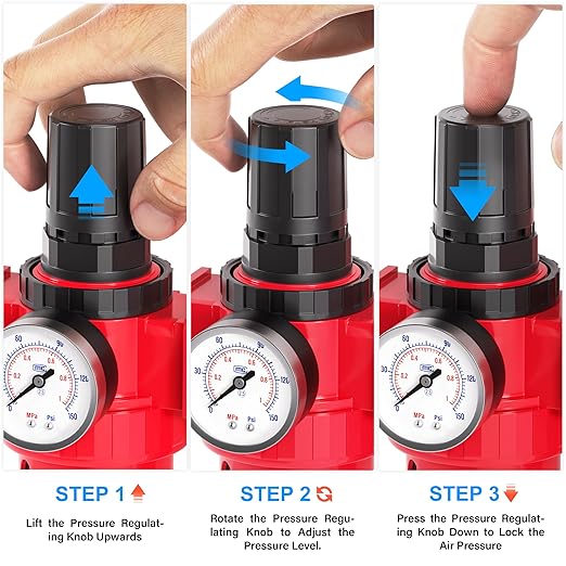 TAILONZ PNEUMATIC 0-150PSI 1/4 Inch NPT Red Industrial Grade 4 Stage Air Drying System, Particulate Filter, Coalescing Filter, Double Desiccant Dryer and Air Regulator (Manual Drainage)