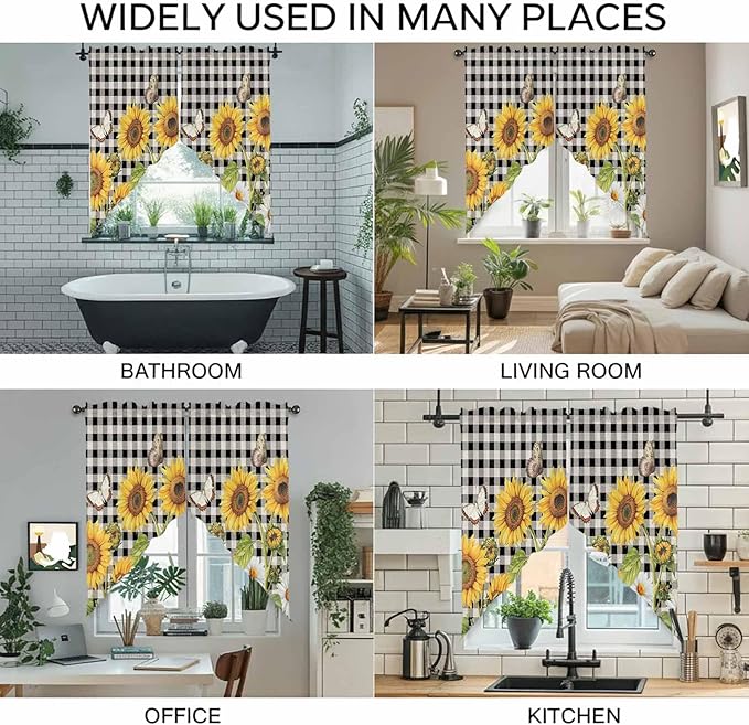 Sunflowers Swag Valances for Windows, Yellow Flowers Butterfly Farmhouse Black Plaid Rod Pocket Kitchen Curtains Valance, Kitchen Window Curtains Swag for Cafe Living Room, 2 Panels, 36x45 inch