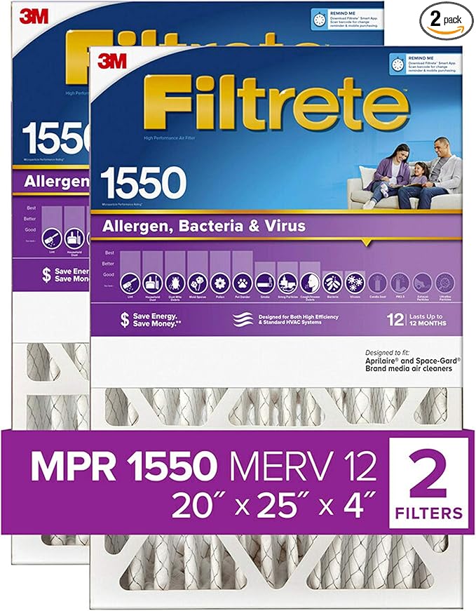 Filtrete 20x25x4, AC Furnace Air Filter, MPR 1550 DP, Healthy Living Ultra Allergen Deep Pleat, 2-Pack (Actual 19.88 x 24.63 x 4.31)