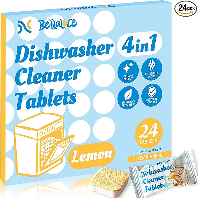 Dishwasher Cleaner Tablets Deodorizer Pods-24 Pack Deep Cleaning Dish Washer Descaler Freshener-Grime Limescale Heavy Duty Grease Odor Smell Remover-for All Dishwashers Lemon Foaming 1 Year Supply