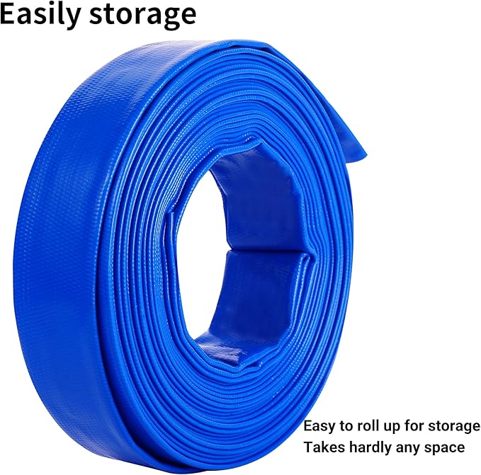 2.5" x 100 FT Pool Backwash Hose, Blue Heavy Duty Reinforced PVC Lay Flat Water Discharge Hose for Swimming Pool Filter Pump,with 2 Clamp