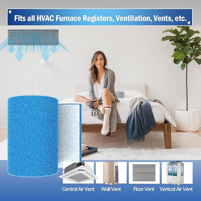 Air Vent Filters 20"X120", MERV 8 Electrostatic Cut to Size Floor Vent Roll, Blue & White Cut to Fit Air Vent Filters for Home Floor, Ceiling, Refrigeration, HVAC Vent And More, Compression Packing