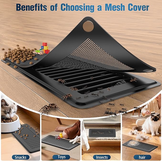 Magnetic Vent Covers with Vent Screen 7x13 Inch, Black Mesh Vent Covers for Floor, Wall, Ceiling Air Vents to Block Dust, Pet Hair, Fits Standard HVAC Floor Registers in Home, RV, 3 Pack