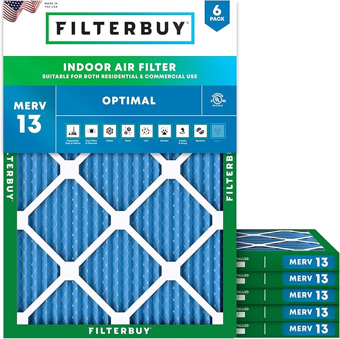 Filterbuy 21x22x1 Air Filter MERV 13 Optimal Smoke & Allergy Defense (6-Pack), Electrostatic Pleated HVAC AC Furnace Filters Replacement, Made in USA (Actual Size: 20.50 x 21.50 x 0.75)