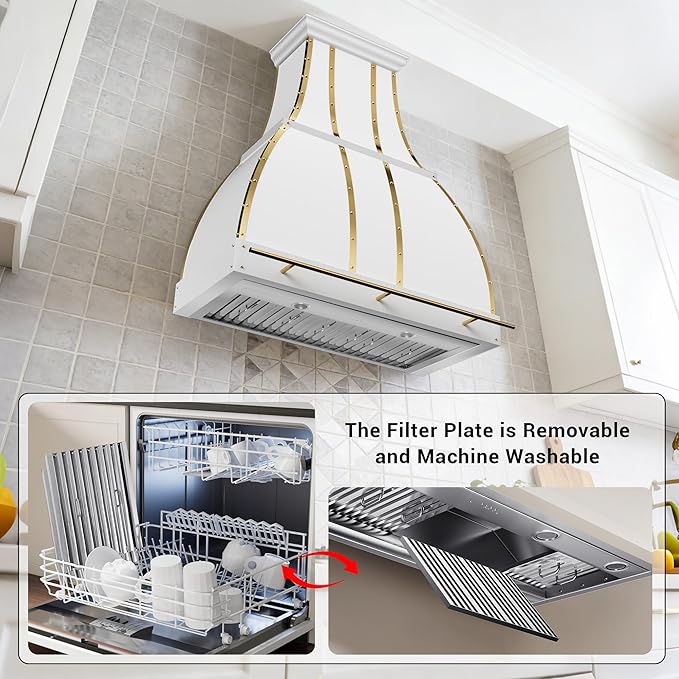 CHETTO C Stainless Steel Range Hood Cover with 4-Speed Vent Hood Insert Custom Handcrafted Metal Kitchen Fan with Towel Rack LED Light 60"W x21"D x21"H White Wall Mount