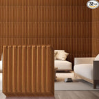 Nuanchu 32 Pcs 3D Slat Wall Panels 12 x 12 Inch PVC Fluted Textured Panel Cuttable Paintable DIY Wall Art Decorative Tiles for Ceiling Studio Bathroom Interior TV Background (Teak Grain)