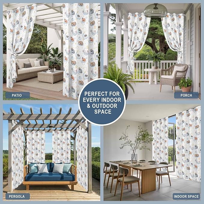 Cartoon Animals Outdoor Curtains for Patio Raccoons Rabbits Moon Waterproof Outside Curtains with Grommet Top Weatherproof Curtain for Cabana Pergola Gazebo, 1 Panel, 54" W x 84" L