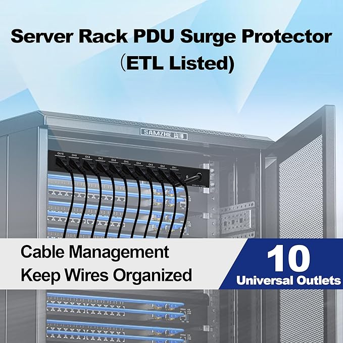 10-Outlet 1U Rack Mount Power Strip - Surge Protector, Features 10 Front Switches with LED Light - Ideal, w/ 6 ft Cord for Network Server Racks and Cabinets