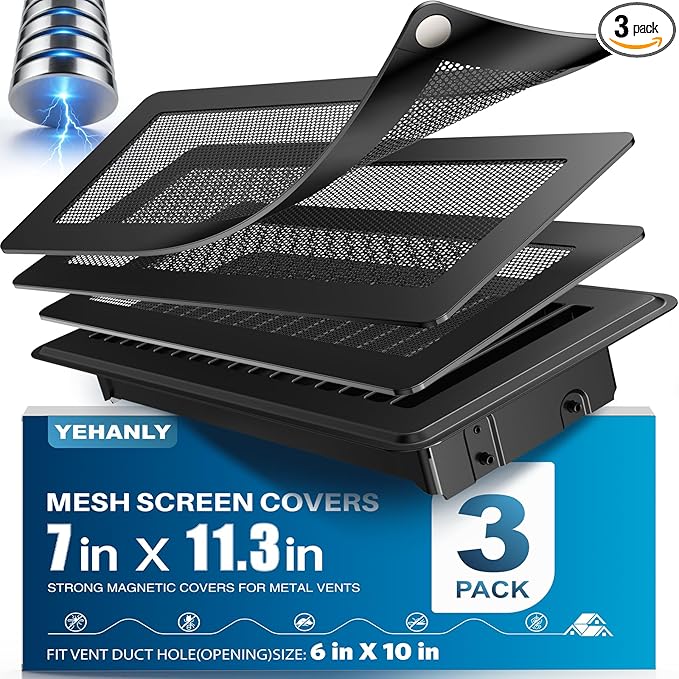 Magnetic Vent Covers with Vent Screen 7x11.3 Inch, Black Mesh Vent Covers for Floor, Wall, Ceiling Air Vents to Block Dust, Pet Hair, Fits Standard HVAC Floor Registers in Home, RV, 3 Pack