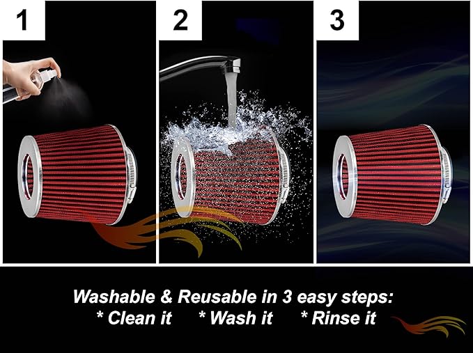 Rtunes Racing Universal Clamp-On Air Filter, Standard Cone, Dry Washable Design, Multiple Inlet Sizes (Red, 3.5" Inch)