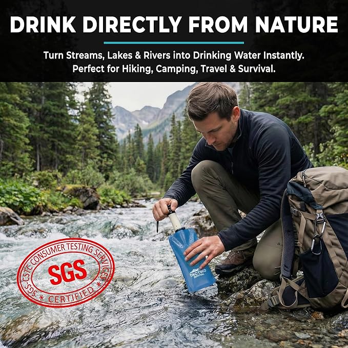 Tactiko Survival 20oz/600ml Purifying Water Bottle Filter Kit - Filter 265 Gal. Water from Rivers, Lakes & Streams - SGS Certified - UF Membrane, Activated Carbon - Camping, Hiking, Emergency (Blue)