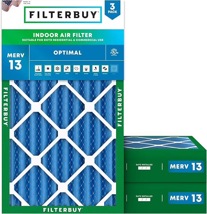 Filterbuy 20x30x4 Air Filter MERV 13 Optimal Smoke & Allergy Defense (3-Pack), Electrostatic Pleated HVAC AC Furnace Filters Replacement, Made in USA (Actual Size: 19.50 x 29.50 x 3.63)