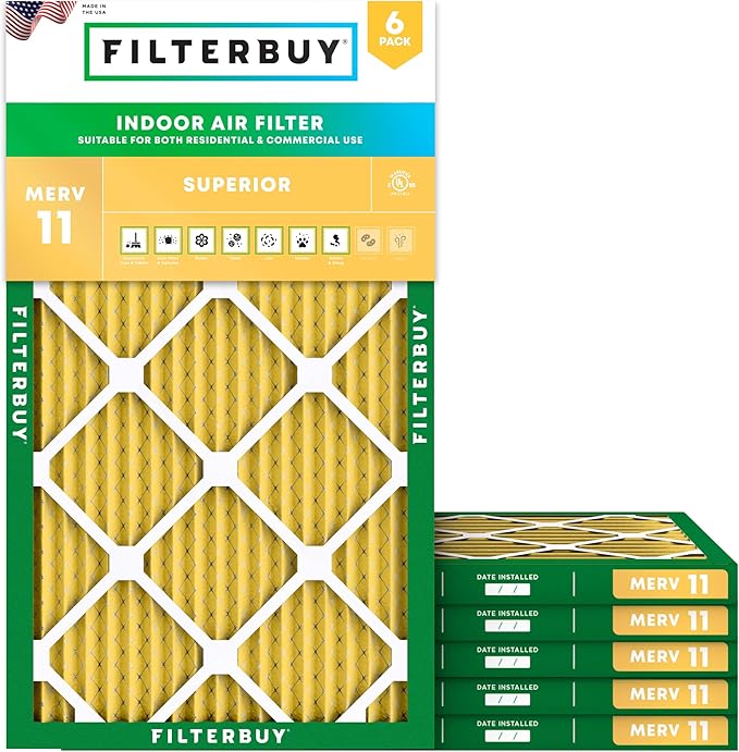 Filterbuy 15x25x1 Air Filter MERV 11 Superior Pet & Allergy Defense (6-Pack), Electrostatic Pleated HVAC AC Furnace Filters Replacement, Made in USA (Actual Size: 14.50 x 24.50 x 0.75)