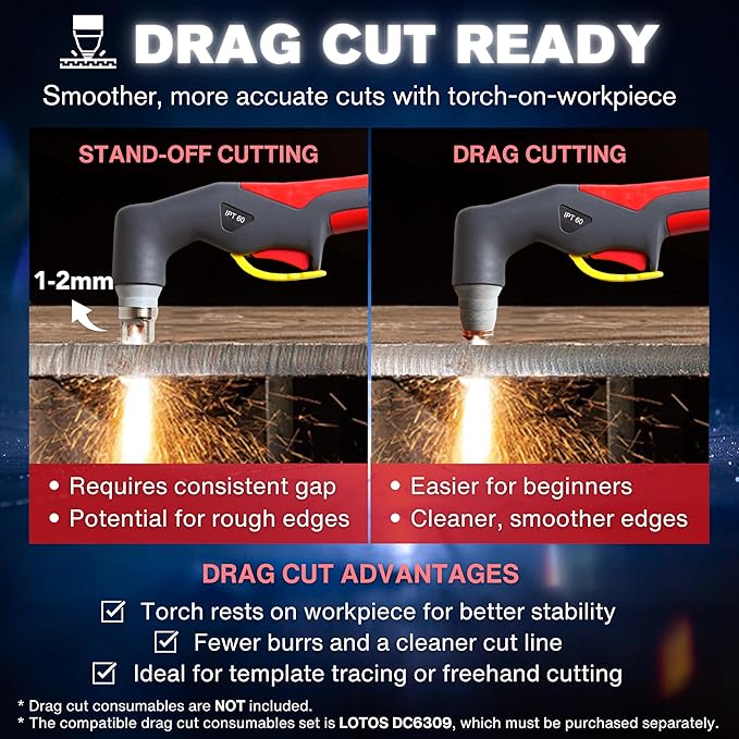 LTP6300DCNC | 63A CNC-Enabled Plasma Cutter, Drag-Cut Enables, Non-HF Blowback Pilot Arc, 3/4" Clean (1" Sever), THC/ARC OK, Dual-Voltage 110/220V, LED Controls, Portable Air Plasma Cutter