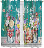 Spring Flowers Kitchen Curtains, Farmhouse Watercolor Teal Wood Grain Light Filtering Window Curtain Panels, 2Pcs Rod Pocket Window Treatments Set for Living Room Bathroom Bedroom 42x63 Inches