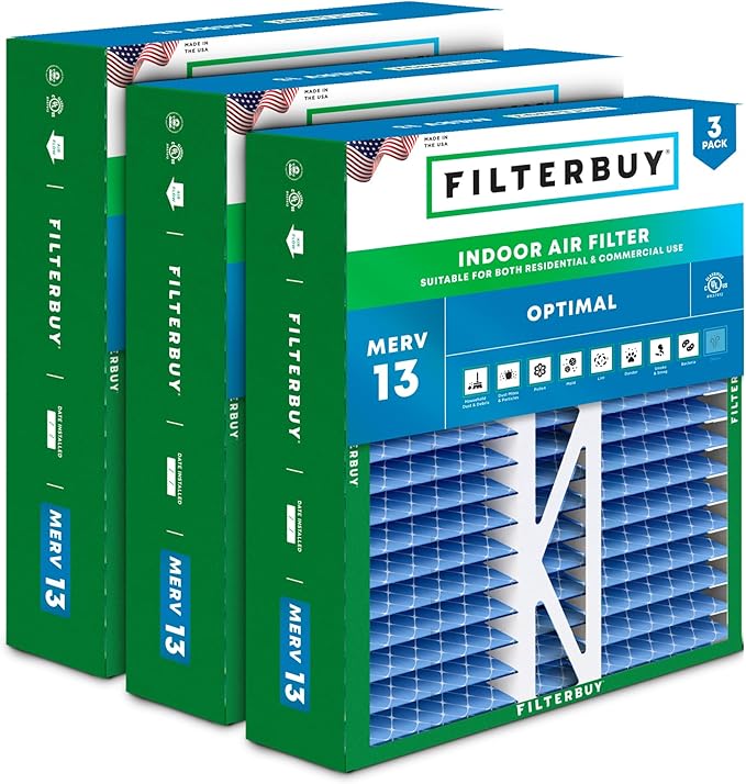Filterbuy 16x22x5 Air Filter MERV 13 Optimal Smoke & Allergy Defense (3-Pack), Pleated HVAC AC Furnace Filters for Amana, Coleman, Goodman, York, and More (Actual Size: 15.38 x 21.88 x 5.25)