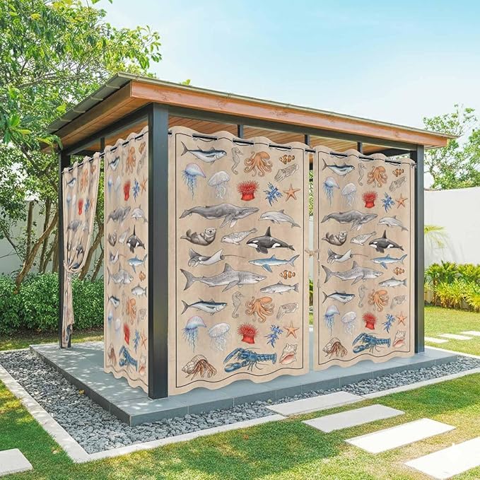 Vintage Outdoor Curtains for Patio Sharks Whales Lobsters Biographies Waterproof Outside Curtains with Grommet Top Weatherproof Curtain for Cabana Pergola Gazebo, 1 Panel, 54" W x 95" L