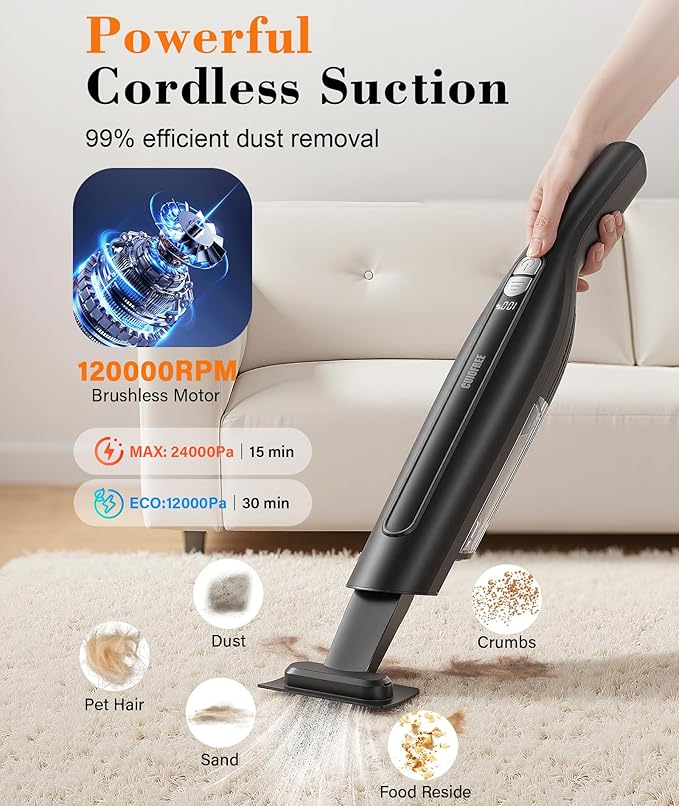 Handheld Vacuum Cordless,24KPA High Power Car Vacuum with Brushless Motor,LED Light,Charging Dock,Rechargeable Hand Held Vacuum Cleaner with Reusable Filter for Car,Home,Office,Pet Pair,Black