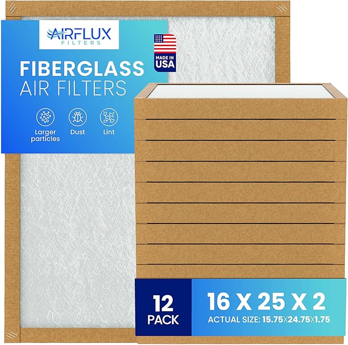 Fiberglass Air Filter -16x25x2Air Filter 12 Pack - Non Pleated 16"x25"x2", AC Filters for Home, Fiberglass, HVAC filters, Heater, Furnace Catcher for Dust - 1 YEAR SUPPLY