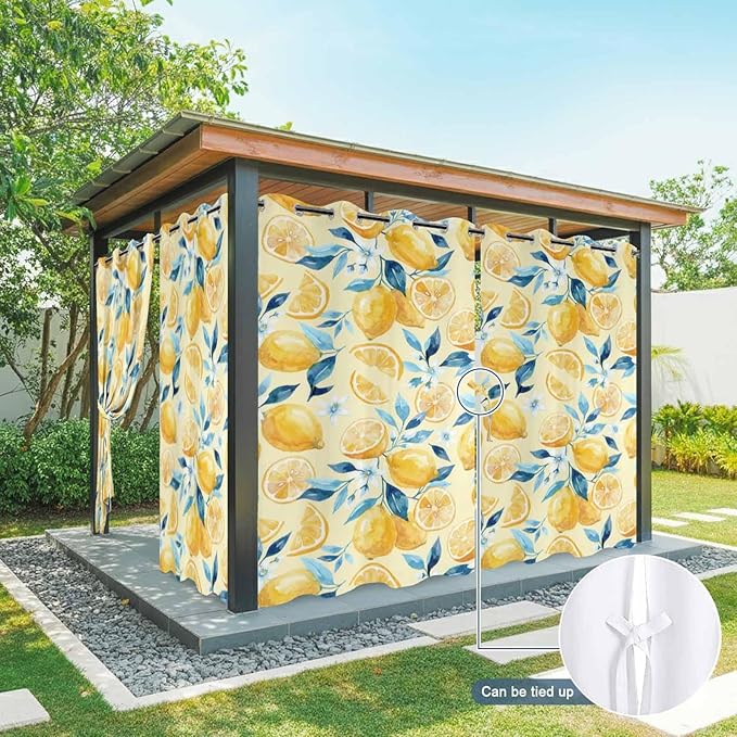 Lemon Outdoor Curtains for Patio Lemon Leaves Summer Plants Begin Waterproof Outside Curtains with Grommet Top Weatherproof Curtain for Cabana Pergola Gazebo, 2 Pack, 54" W x 95" L