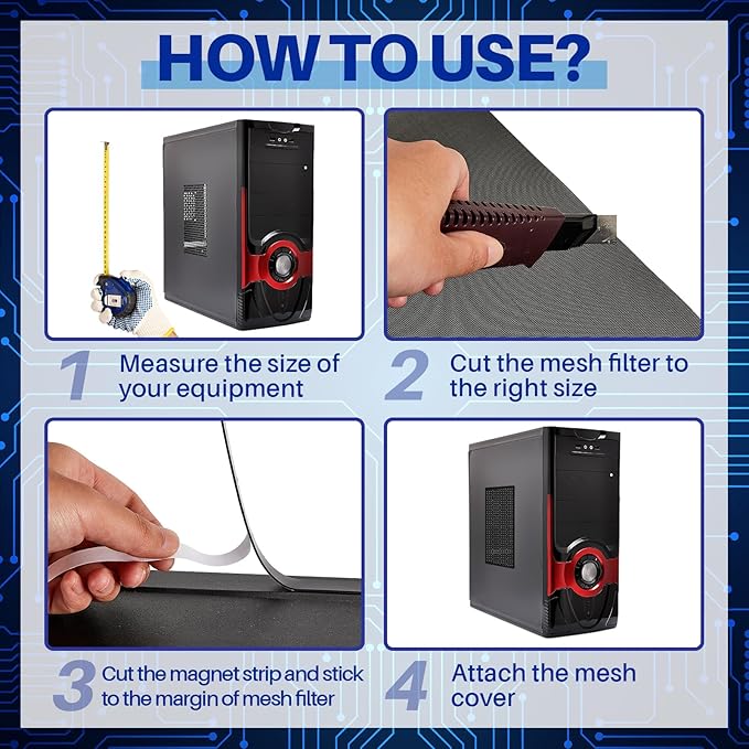 Woanger 4 Pcs 1000 x 300 mm DIY PC Case Dust Filter PC Fan Mesh Filter Floor Vent Cover PVC Dustproof Cover with Magnetic Strip for Computer Chassis Speaker and More, 0.03 Inch Hole, Black